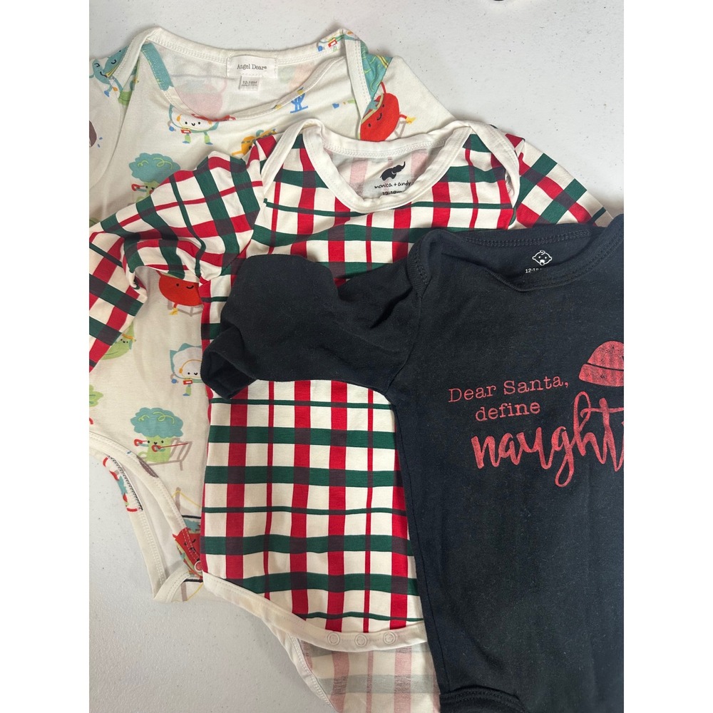 Baby Bodysuits Lot of 3 12-18M Christmas/Plaid/Vegetable